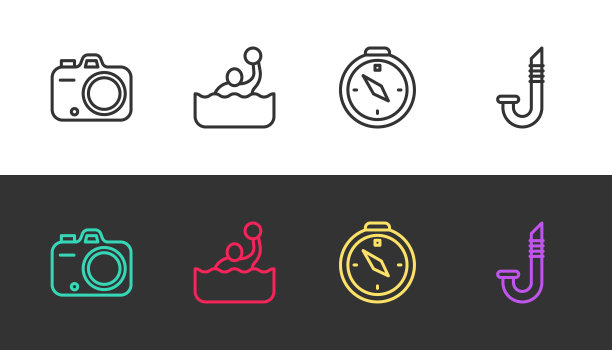 设置线照片相机，水球，指南针和浮潜黑色和白色。向量图片下载