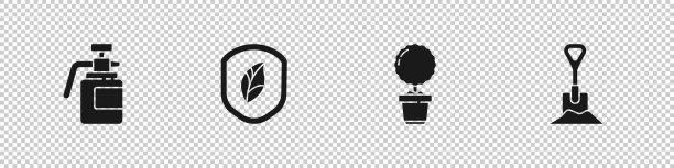 设置花园喷雾器为肥料，盾牌与叶子，花在花盆和铲地图标。向量图片下载