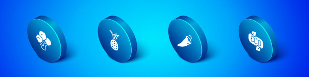 设置等距花椰菜，辣椒，叶子生态标志和菠萝图标。向量图片下载