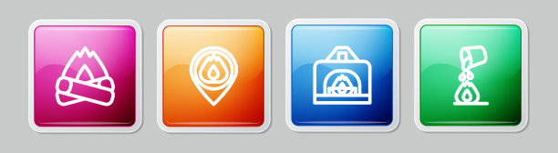 设置线营火，位置与火焰，室内壁炉和水桶灭火。丰富多彩的广场按钮。向量图片下载