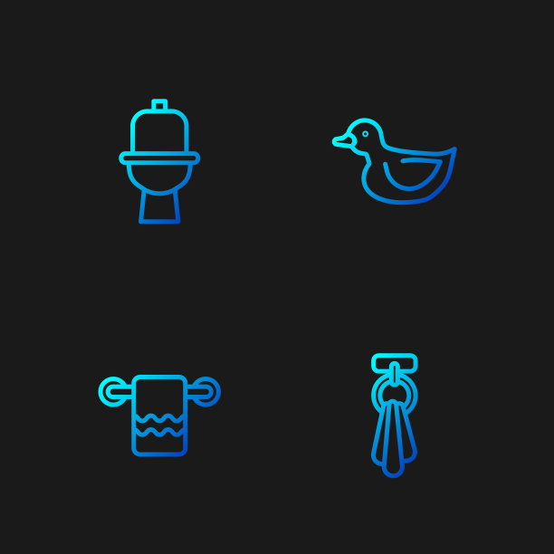 把线毛巾挂在衣架上，马桶和橡皮鸭。渐变颜色图标。向量图片下载