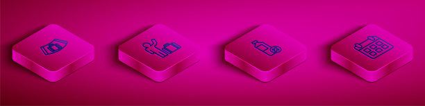 设置等距线传送带与手提箱，游客，无水瓶和日历和飞机图标。向量图片下载