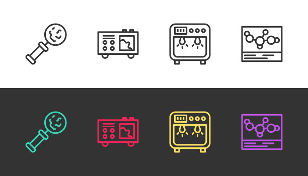 将微生物置于放大镜、光谱仪、生物安全箱和化学配方下，制作成黑白。向量图片下载
