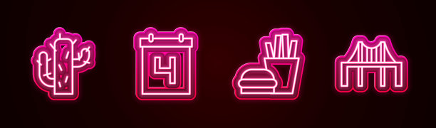 设置一行仙人掌，日历与日期7月4日，汉堡和炸薯条和金门大桥。发光的霓虹灯图标。向量图片下载