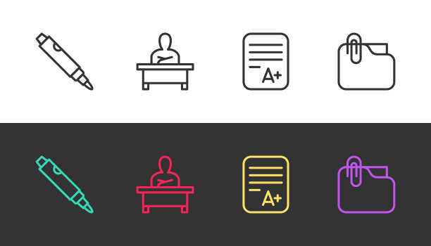 设置线标记笔，学生坐在桌旁，考试表与A +等级和文件文件夹夹在黑白。向量图片下载
