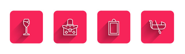 葡萄酒杯、手提袋、画、平底船等都有长长的影子。红场按钮。向量图片下载