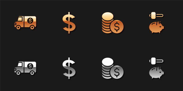 Set Armored truck, Dollar symbol, Coin money with Dollar and Piggy bank and hammer图标。向量图片下载