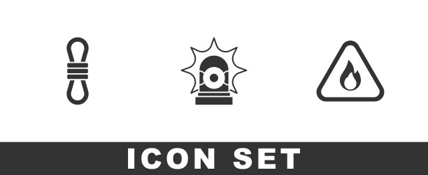 在三角形图标中设置攀绳，闪光警报器和火焰。向量图片下载