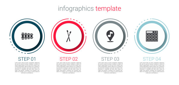设置木琴，鼓槌，位置音乐音符和机器。业务信息模板。向量图片下载