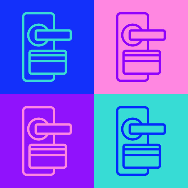 流行艺术线数字门锁与无线技术解锁图标孤立的颜色背景。门把手的迹象。安全智能家居。向量图片下载