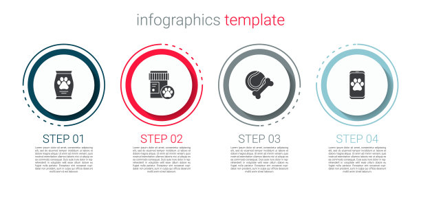 集食品袋，狗药瓶，宠物玩具骨橡胶和球和兽医诊所。业务信息模板。向量图片下载