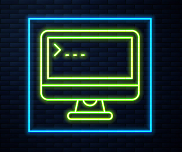 发光霓虹灯线电脑显示器图标孤立在砖墙背景上。电子装置。前视图。向量图片下载