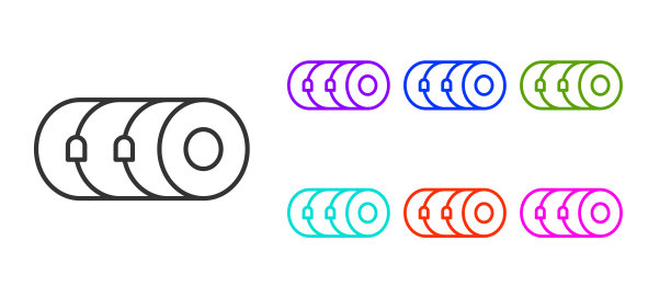 黑线毯卷图标孤立在白色背景。野营卷垫。设置彩色图标。向量图片下载