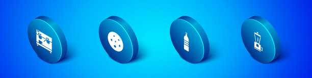 设置等距咖啡机，瓶装水，电动咖啡研磨机和饼干或饼干图标。向量图片下载