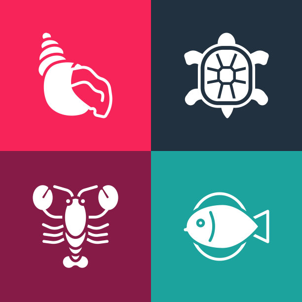 设置流行艺术鱼，龙虾，海龟和扇贝的海贝图标。向量图片下载