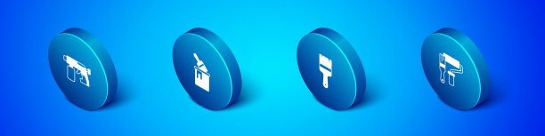 设置等距喷漆枪，刷子，滚筒和桶图标。向量图片下载