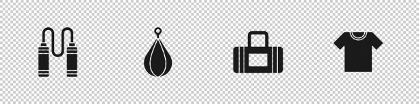 设置跳绳，拳击袋，运动和t恤图标。向量图片下载