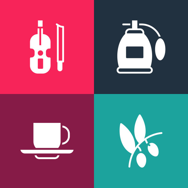 设置流行艺术橄榄枝，咖啡杯，香水和小提琴图标。向量图片下载