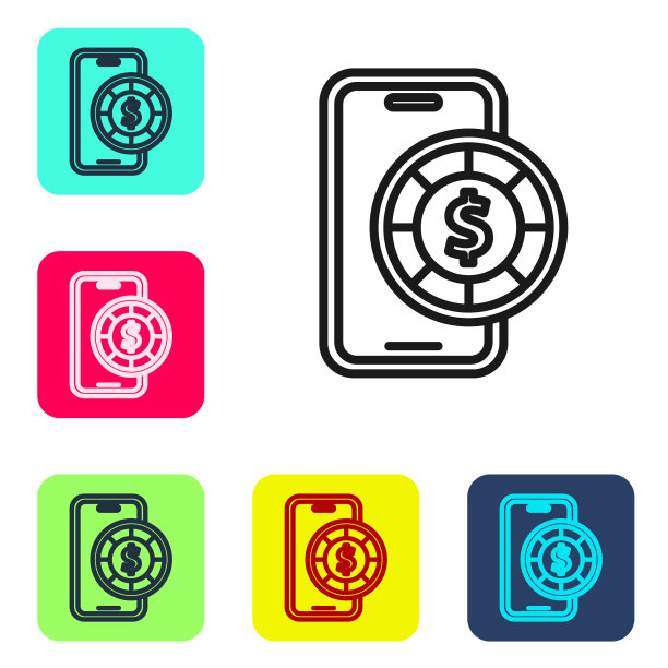 黑色线在线扑克桌游戏图标孤立在白色背景。在线赌场。设置图标的颜色方形按钮。向量图片下载