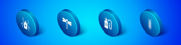 设置等距甲虫虫，压力喷雾器，蜈蚣和蜻蜓图标。向量图片下载