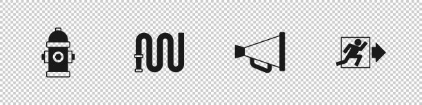 设置消防栓，软管卷轴，扩音器和出口图标。向量图片下载