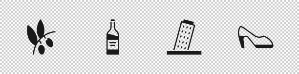 设置橄榄枝，酒瓶葡萄酒，塔比萨和女人鞋图标。向量图片下载