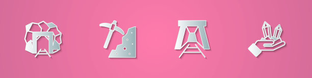 Set paper cut Mine入口，鹤嘴锄，宝石图标。纸艺术风格。向量图片下载