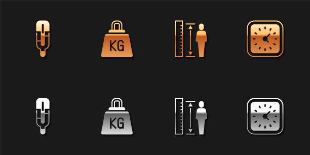 设置医疗温度计，体重，测量高度身体和时钟图标。向量图片下载