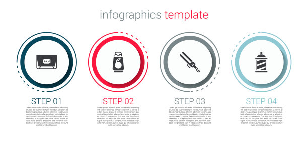 套装刀片剃须刀，一瓶洗发水，卷发棒和理发店杆。业务信息模板。向量图片下载