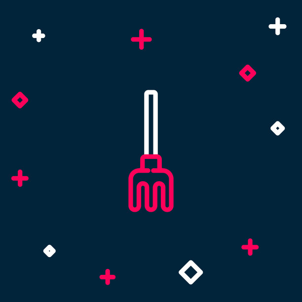 线花园耙图标孤立的蓝色背景。园艺、农业、农具。地面中耕机。色彩斑斓的轮廓的概念。向量图片下载