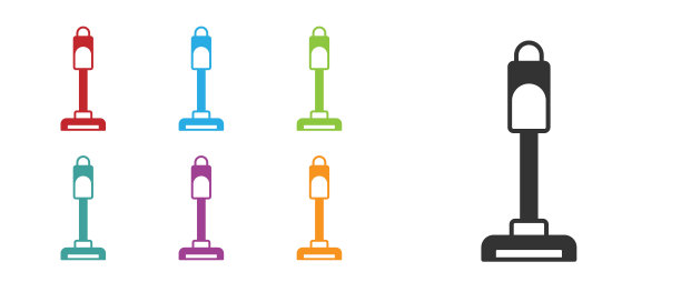 黑色吸尘器图标孤立在白色背景。设置图标丰富多彩。向量图片下载