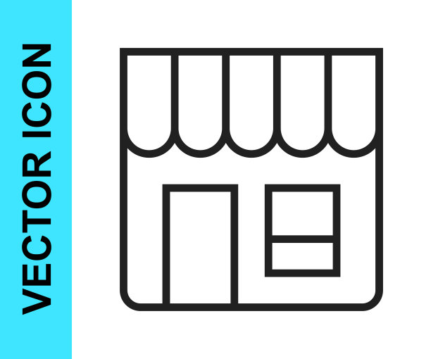 在白色背景上孤立的购物大楼或市场商店图标。店建设。向量图片下载