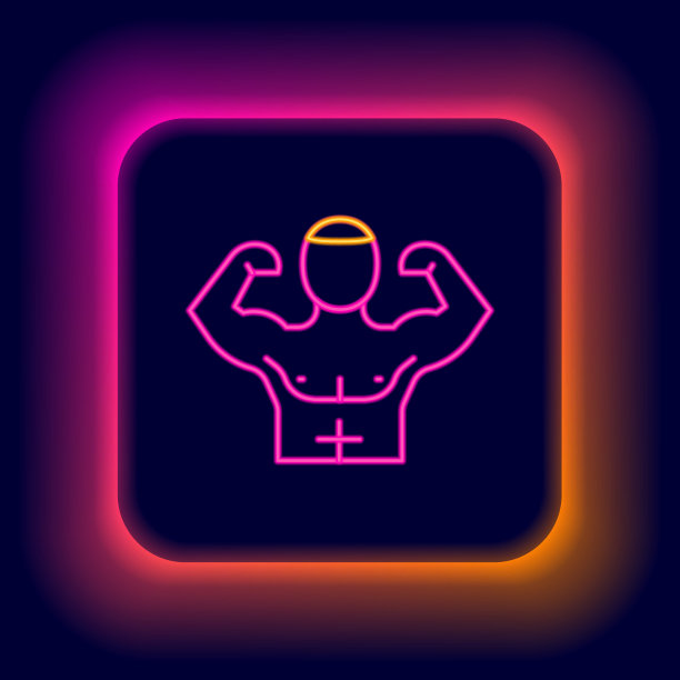 发光的霓虹灯线健美者显示他的肌肉图标孤立在黑色的背景。健身健身力量健康爱好概念。色彩斑斓的轮廓的概念。向量图片下载