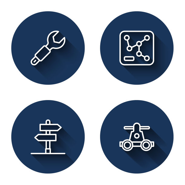 集线扳手扳手，铁路地图，道路交通标志和手车运输与长影。蓝色圆按钮。向量图片下载
