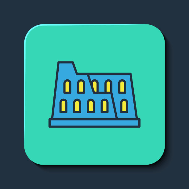 填充轮廓竞技场在罗马，意大利图标孤立在蓝色的背景。罗马圆形大剧场的迹象。古罗马的象征，角斗士打斗。绿松石平方按钮。向量图片下载