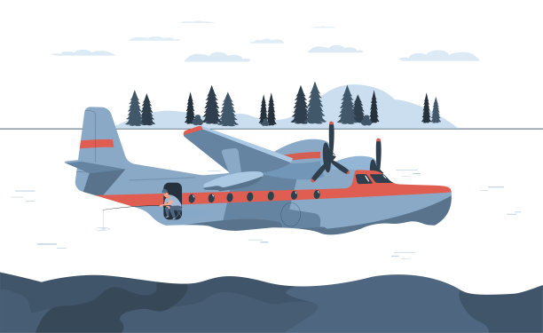 一个从水上飞机上钓鱼的人。矢量插图。图片下载