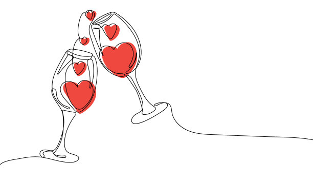 连续线条画两杯酒的心脏形状图片下载
