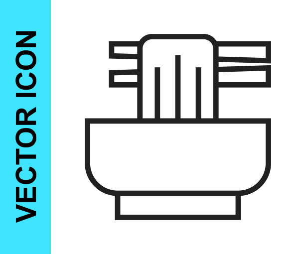 黑线亚洲面条碗和筷子图标孤立的白色背景。街头快餐。韩国菜，日本菜，中国菜。向量图片下载