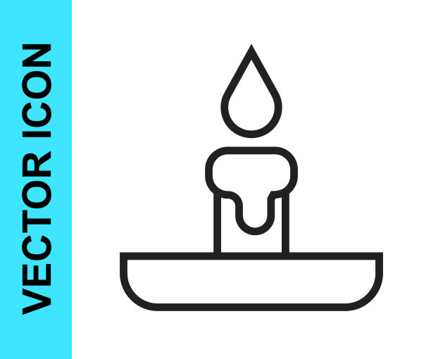 黑线燃烧的蜡烛在烛台图标孤立的白色背景。带有燃烧火焰的圆柱形蜡烛棒。向量图片下载