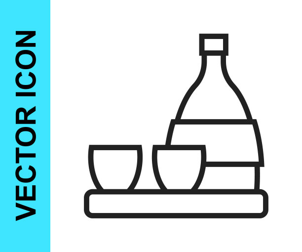 黑线瓶清酒，小杯清酒图标孤立在白色背景。向量图片下载