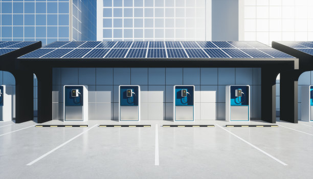 三维绘制充电站的绿色能源概念和背景。图片下载