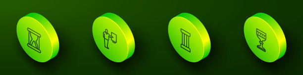 设置等距线老沙漏与沙子，博物馆指南，古代圆柱和中世纪高脚杯图标。向量图片下载