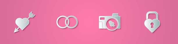 Set paper cut Amour with heart and arrow, Wedding rings, Photo camera and Castle的图标形状。纸艺术风格。向量图片下载