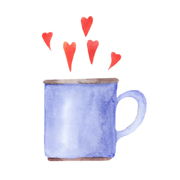 可爱的蓝色杯子与心，水彩画杯子与浪漫的饮料。图片下载