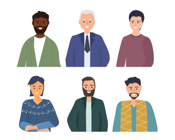 设置不同性别、年龄、不同民族、种族的男性肖像。矢量平面插图图片下载