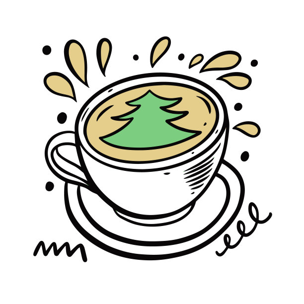 冬天热饮伴绿树。手绘彩色素描艺术和黑色轮廓风格。图片下载