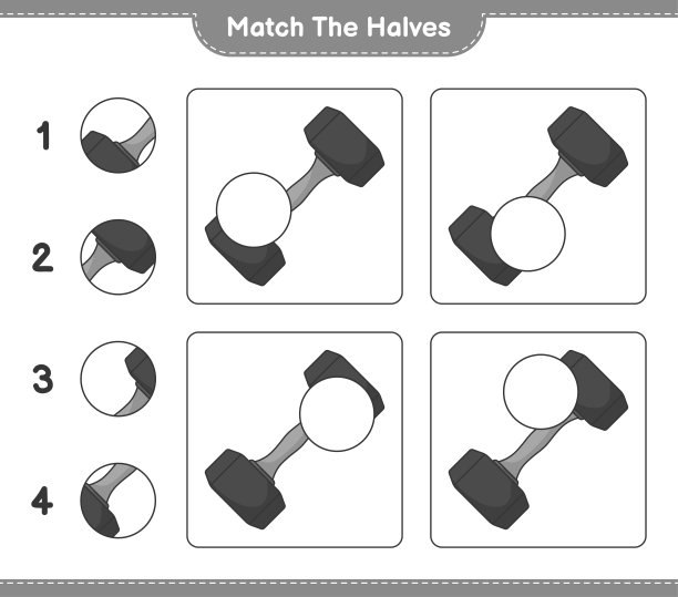 匹配的部分。匹配一半哑铃。教育儿童游戏，可打印的工作表，矢量插图图片下载