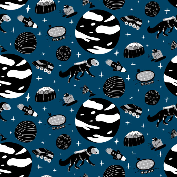 矢量手绘卡通模式的星球殖民在黑色和白色的蓝色背景。狗宇航员，宇宙飞船和未来的交通工具，探索太空和未知的行星和卫星。图片下载