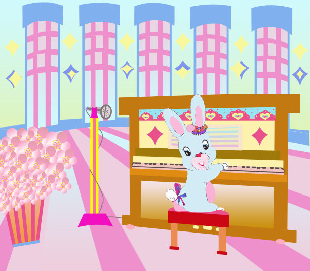 明亮甜蜜的浅蓝色卡通兔子微笑和弹钢琴在大厅颜色插图2021图片下载