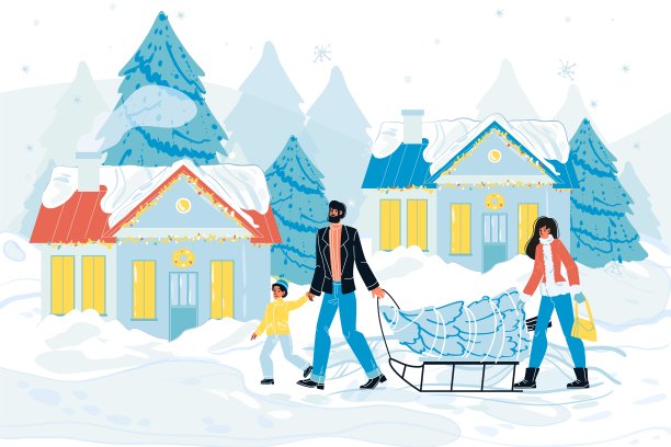 快乐的家庭带着冷杉树在雪橇上过圣诞节图片下载